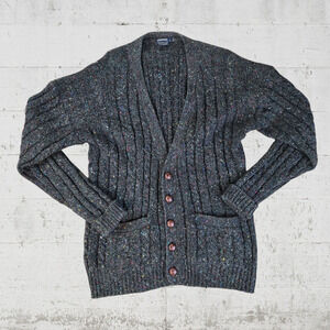 90s Vintage Grandpa Cardigan Charcoal Gray Speckled Knit Cottage Sweater Size XL